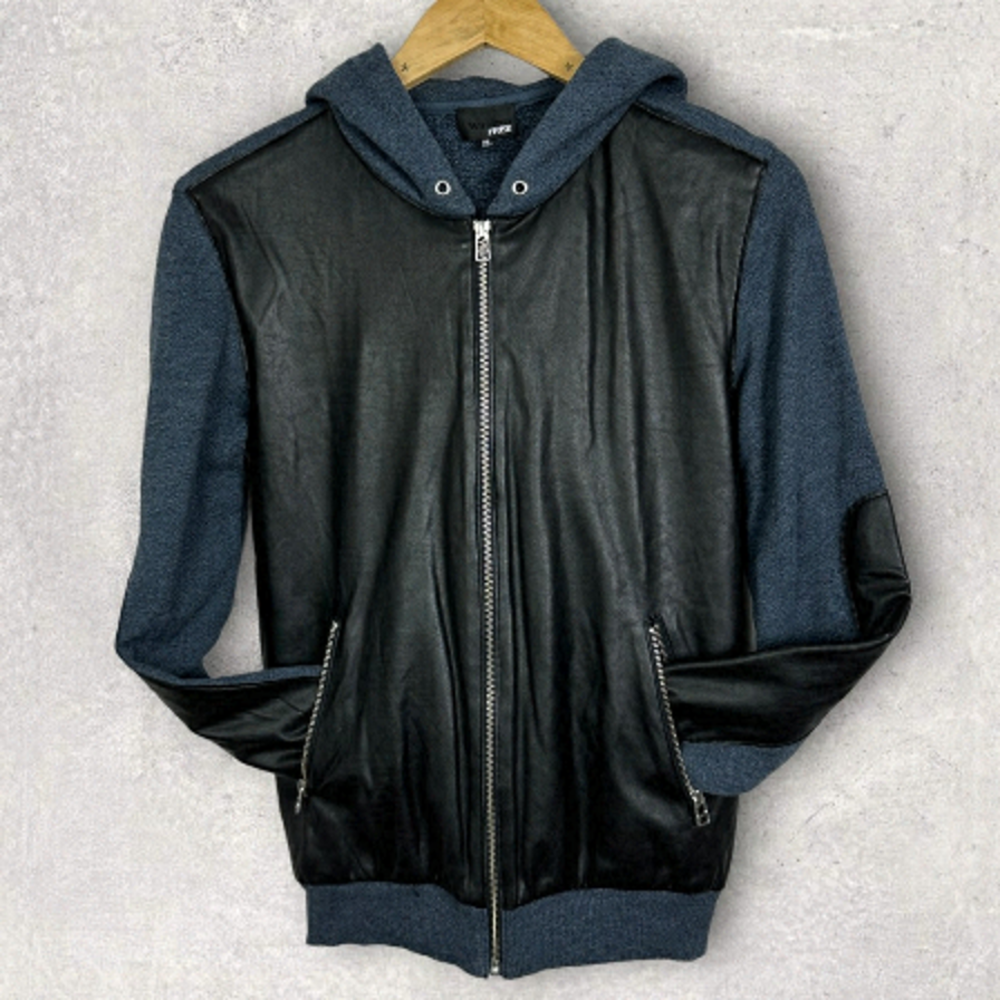 Aritzia Wilfred Free Dree Faux Leather Hoodie Full Zip Sweatshirt Blue Bomber XS